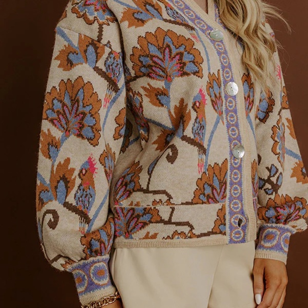 Fate Beige Floral Jacquard Button Cardigan with Blue & Brown Accents